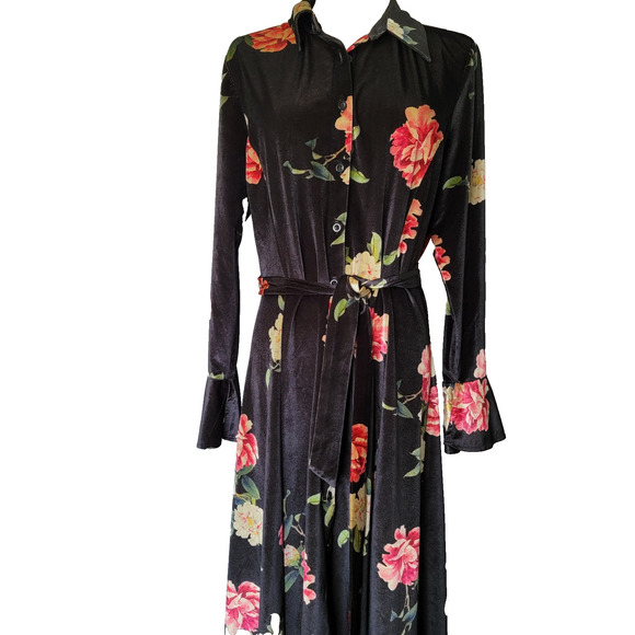 Black Velvet Floral Robe Housecoat Womens M Whimsygoth Dark Fairy Kate & Mallory - Picture 2 of 11